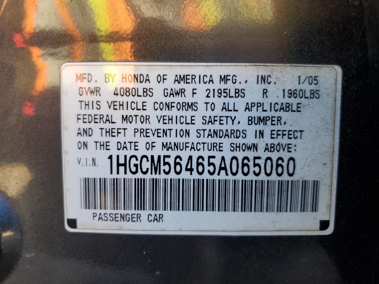 2005 Honda Accord Lx VIN: 1HGCM56465A065060 Lot: 91452295