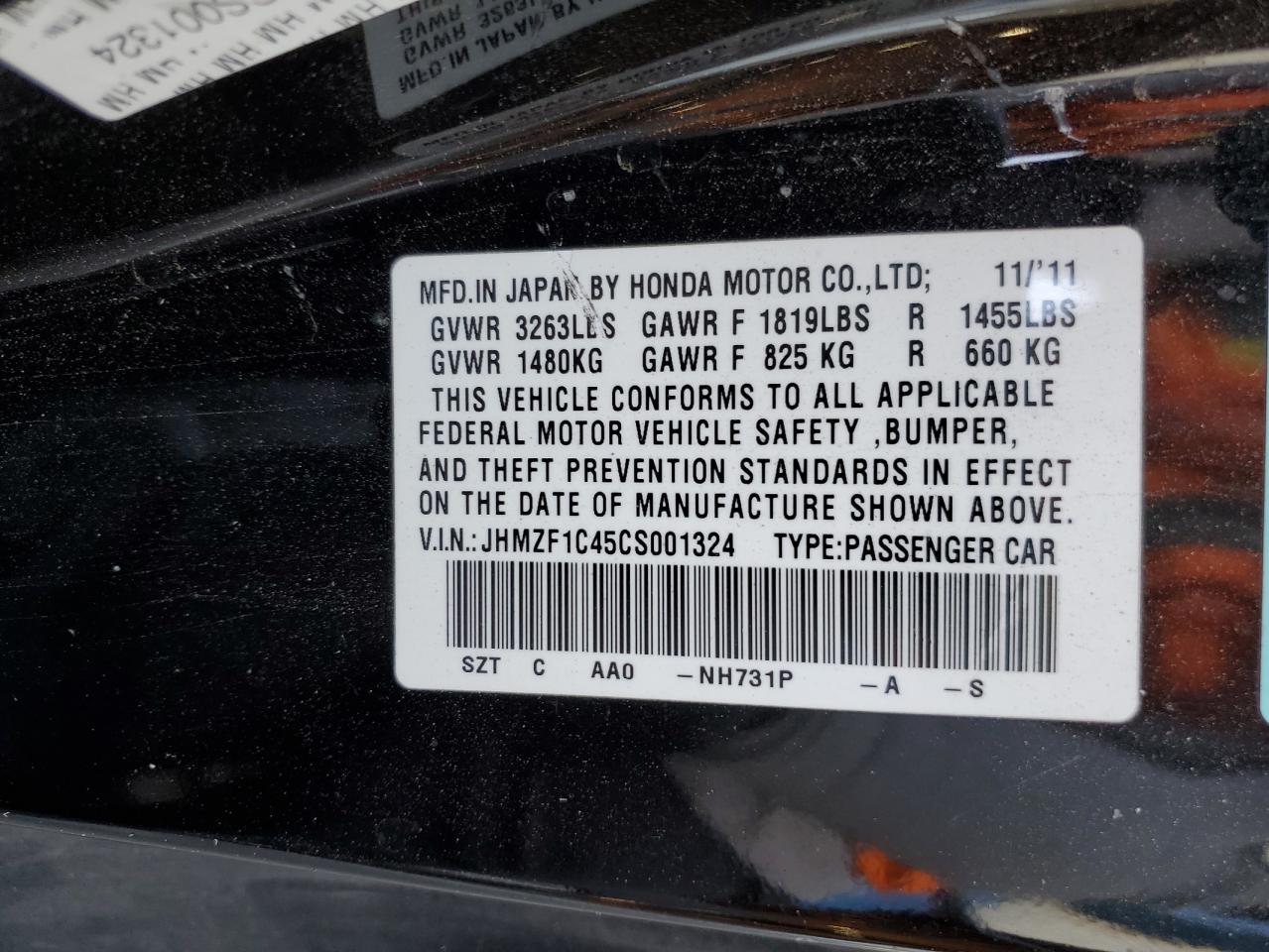 2012 Honda Cr-Z VIN: JHMZF1C45CS001324 Lot: 91681595