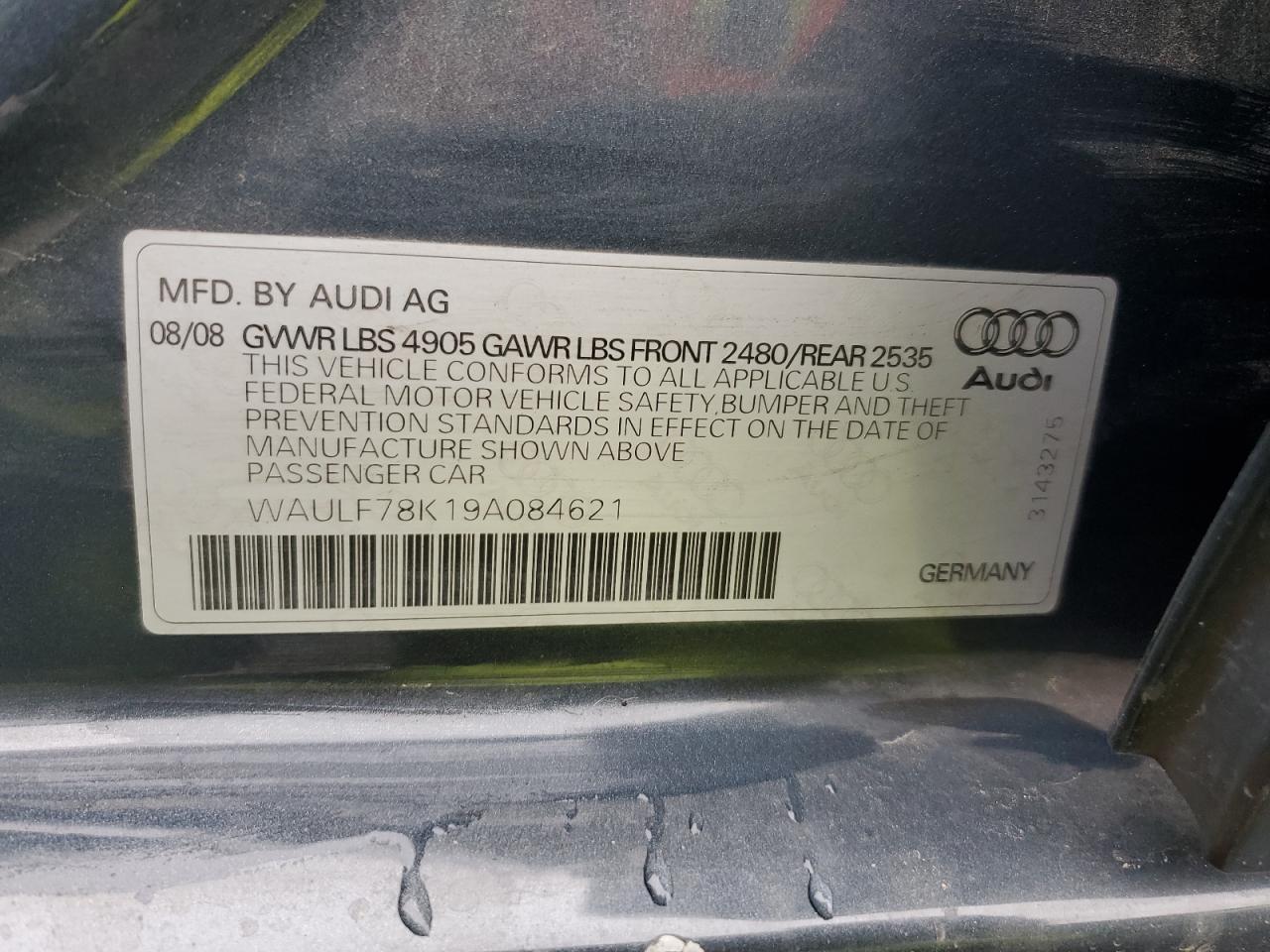 2009 Audi A4 2.0T Quattro VIN: WAULF78K19A084621 Lot: 93486885