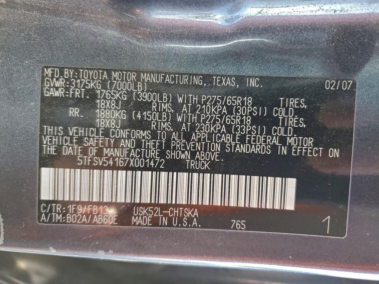 2007 Toyota Tundra Double Cab Sr5 VIN: 5TFSV54167X001472 Lot: 94111025