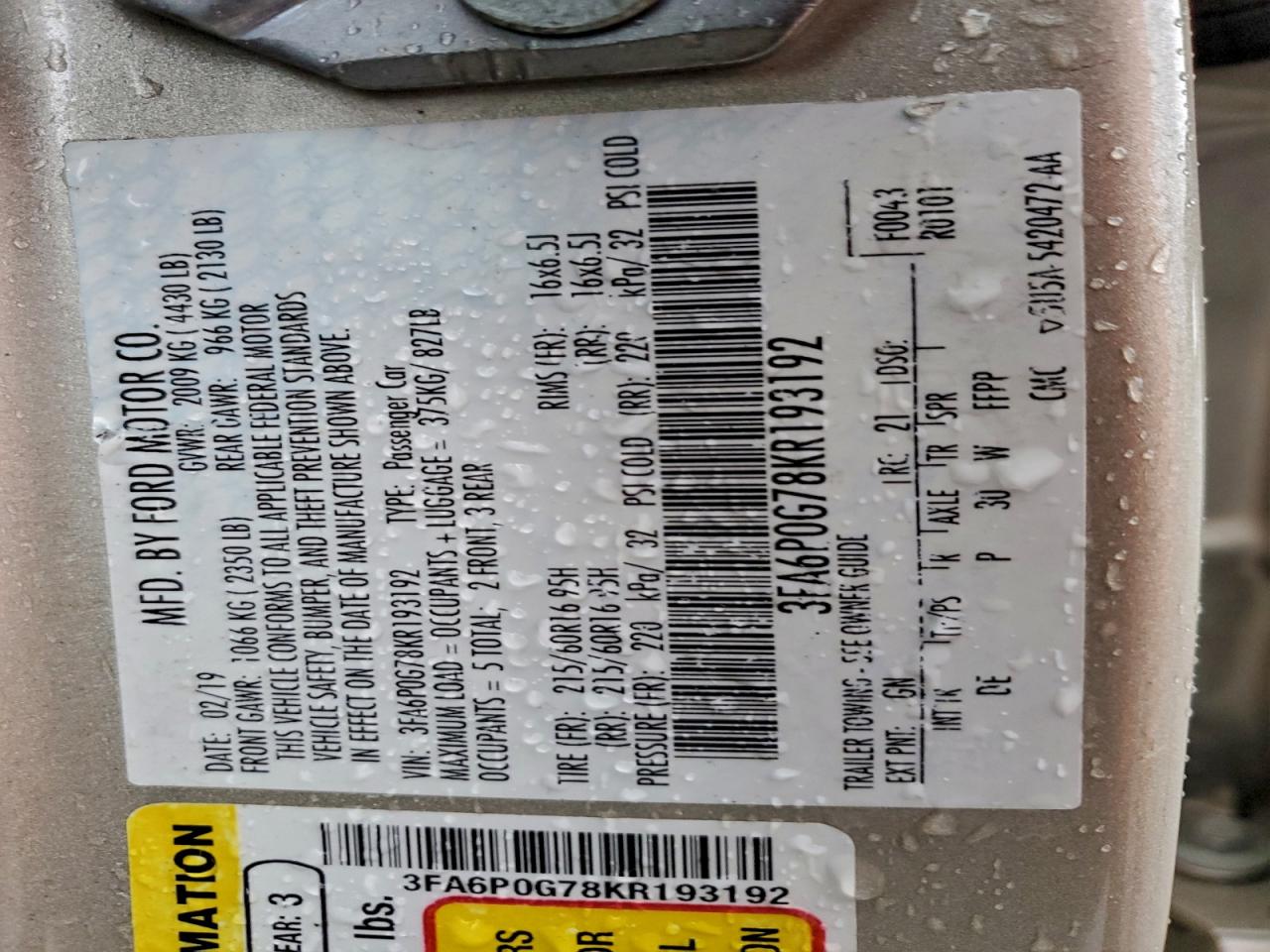 2019 Ford Fusion S VIN: 3FA6P0G78KR193192 Lot: 94610525