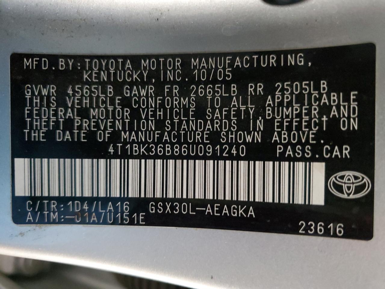 2006 Toyota Avalon Xl VIN: 4T1BK36B86U091240 Lot: 93464335