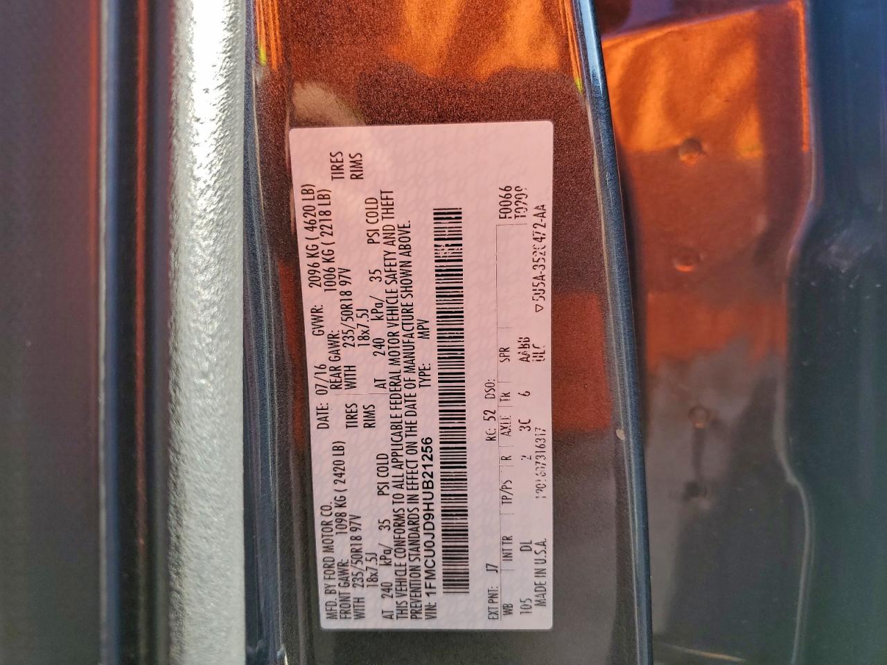 2017 Ford Escape Titanium VIN: 1FMCU0JD9HUB21256 Lot: 93908315