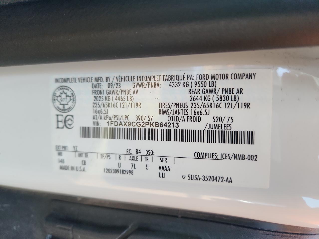 2023 Ford Transit T-350 VIN: 1FDAX9CG2PKB64213 Lot: 93263715