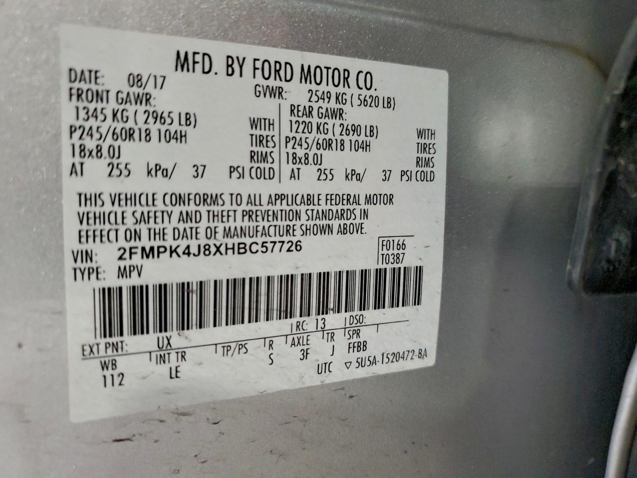 2017 Ford Edge Sel VIN: 2FMPK4J8XHBC57726 Lot: 92242925