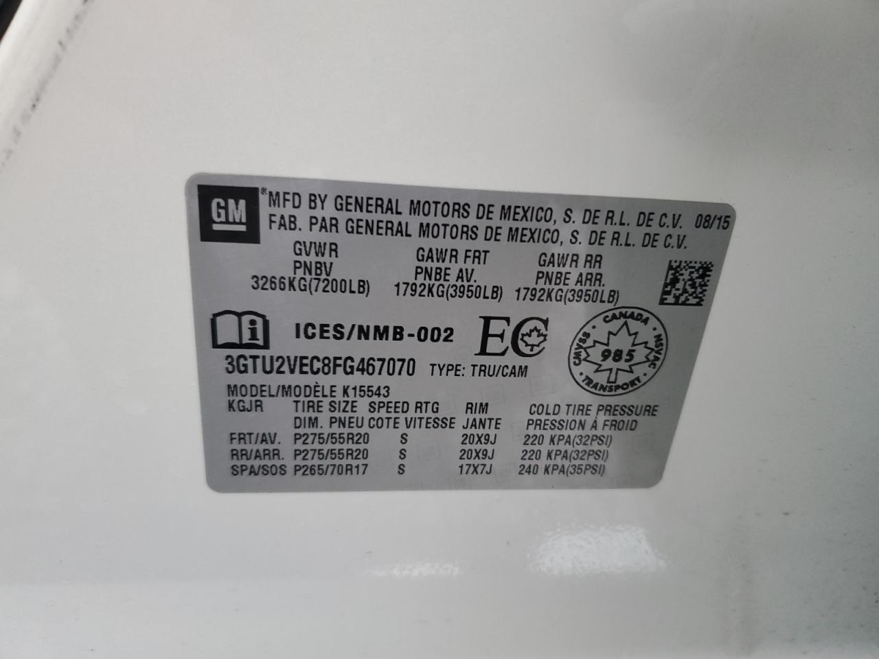 2015 GMC Sierra K1500 Slt VIN: 3GTU2VEC8FG467070 Lot: 92648235