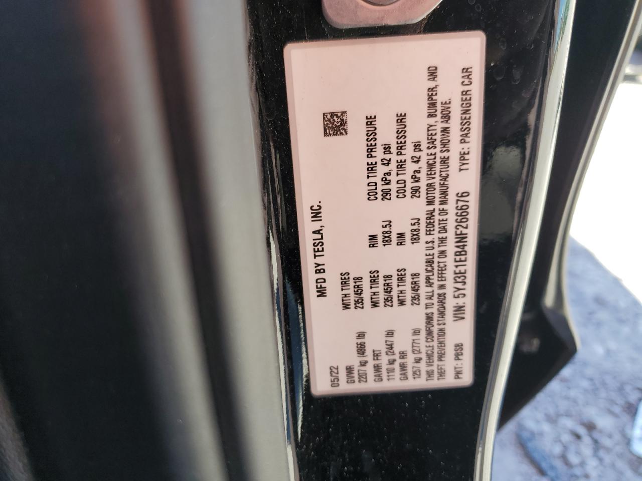 2022 Tesla Model 3 VIN: 5YJ3E1EB4NF266676 Lot: 90939265