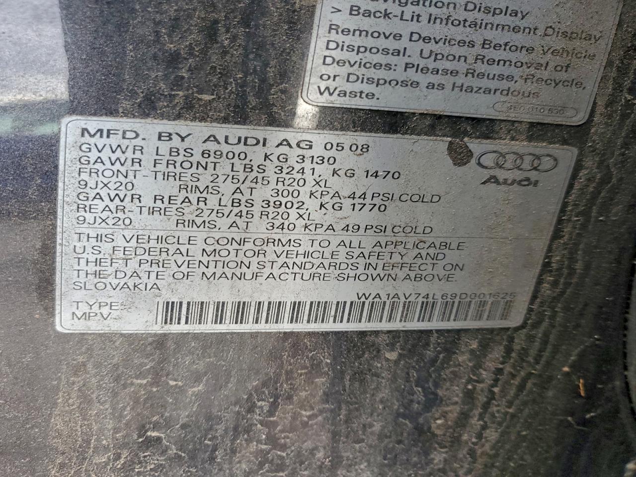 2009 Audi Q7 Prestige VIN: WA1AV74L69D001625 Lot: 94418115