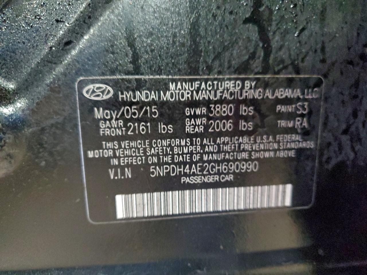 2016 Hyundai Elantra Se VIN: 5NPDH4AE2GH690990 Lot: 94170335