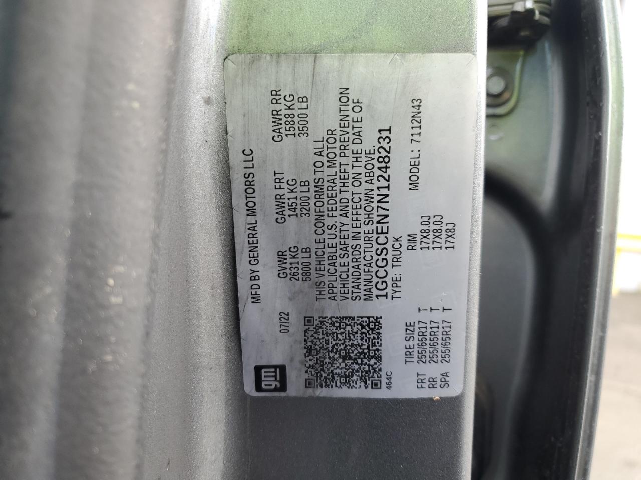 2022 Chevrolet Colorado Lt VIN: 1GCGSCEN7N1248231 Lot: 91860115