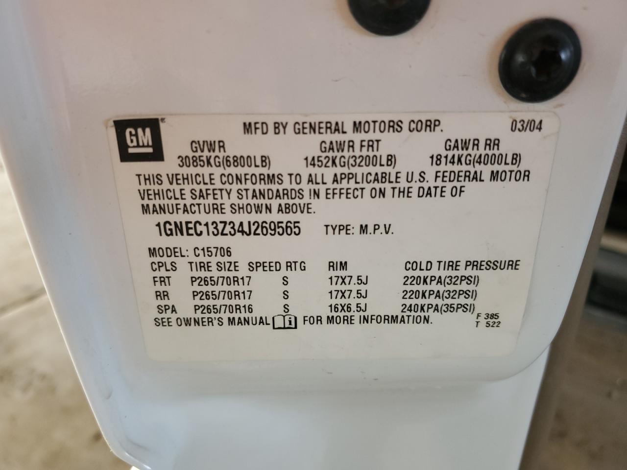 2004 Chevrolet Tahoe C1500 VIN: 1GNEC13Z34J269565 Lot: 92995225