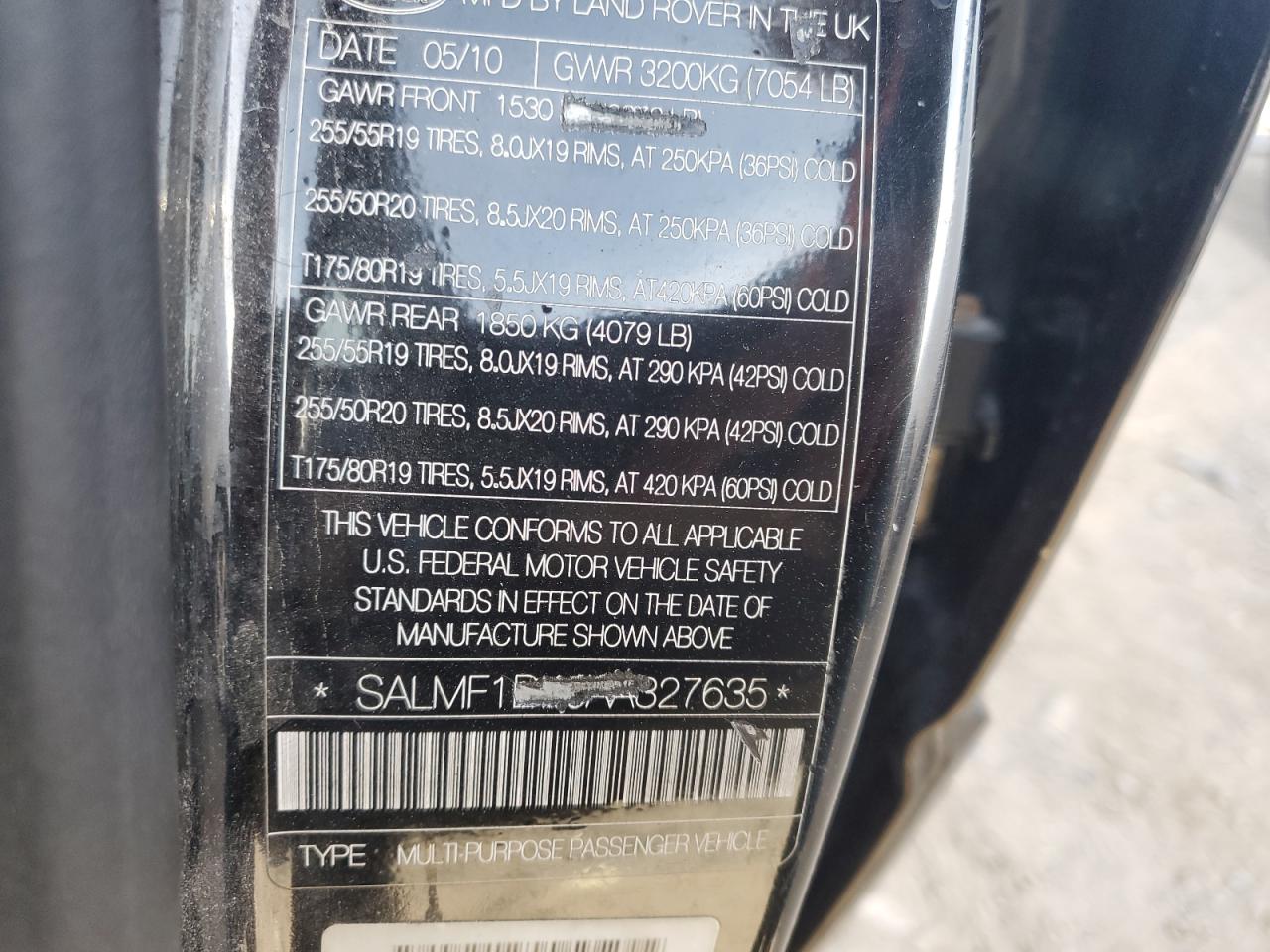 2010 Land Rover Range Rover Hse Luxury VIN: SALMF1D40AA327635 Lot: 91529335