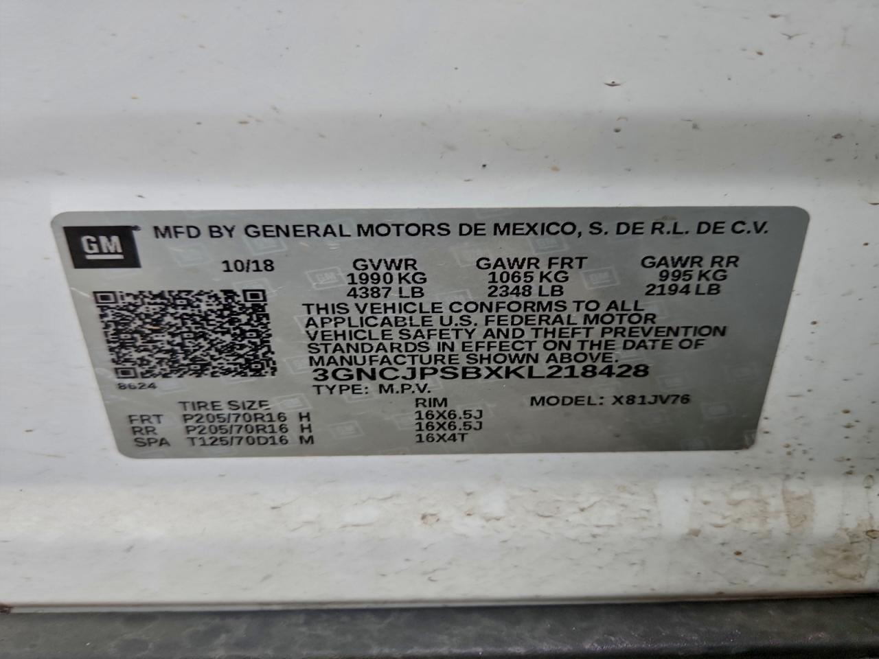 2019 Chevrolet Trax 1Lt VIN: 3GNCJPSBXKL218428 Lot: 94284145