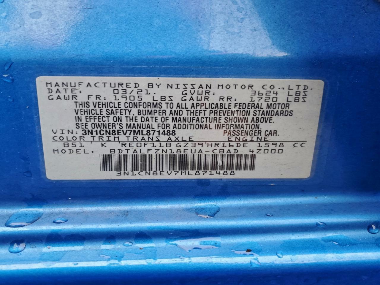 2021 Nissan Versa Sv VIN: 3N1CN8EV7ML871488 Lot: 94261365