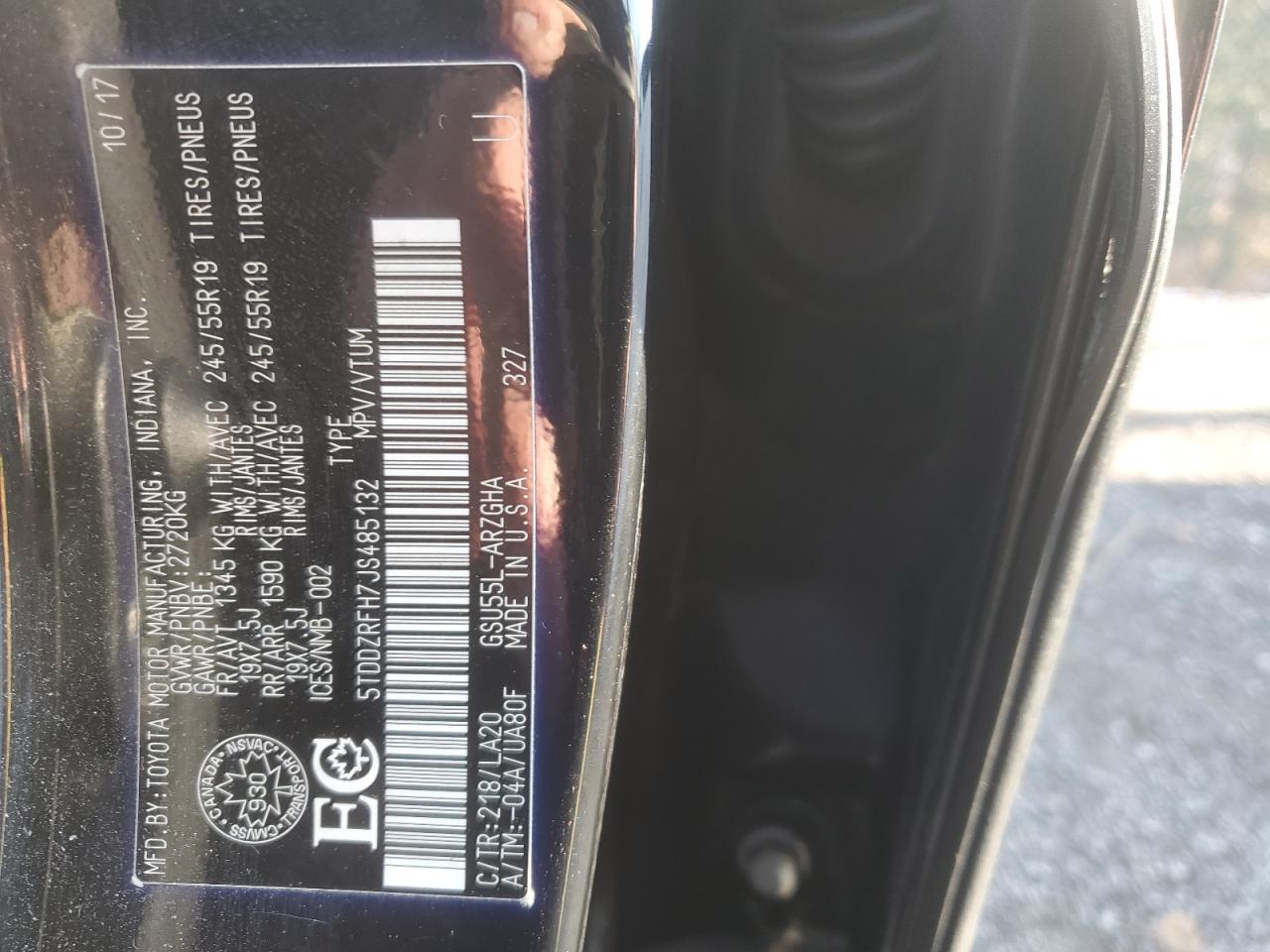 2018 Toyota Highlander Limited VIN: 5TDDZRFH7JS485132 Lot: 93756095