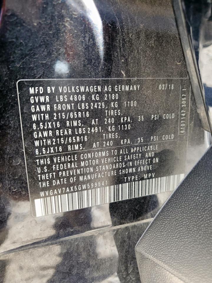 2016 Volkswagen Tiguan S VIN: WVGAV7AX5GW599541 Lot: 91806785