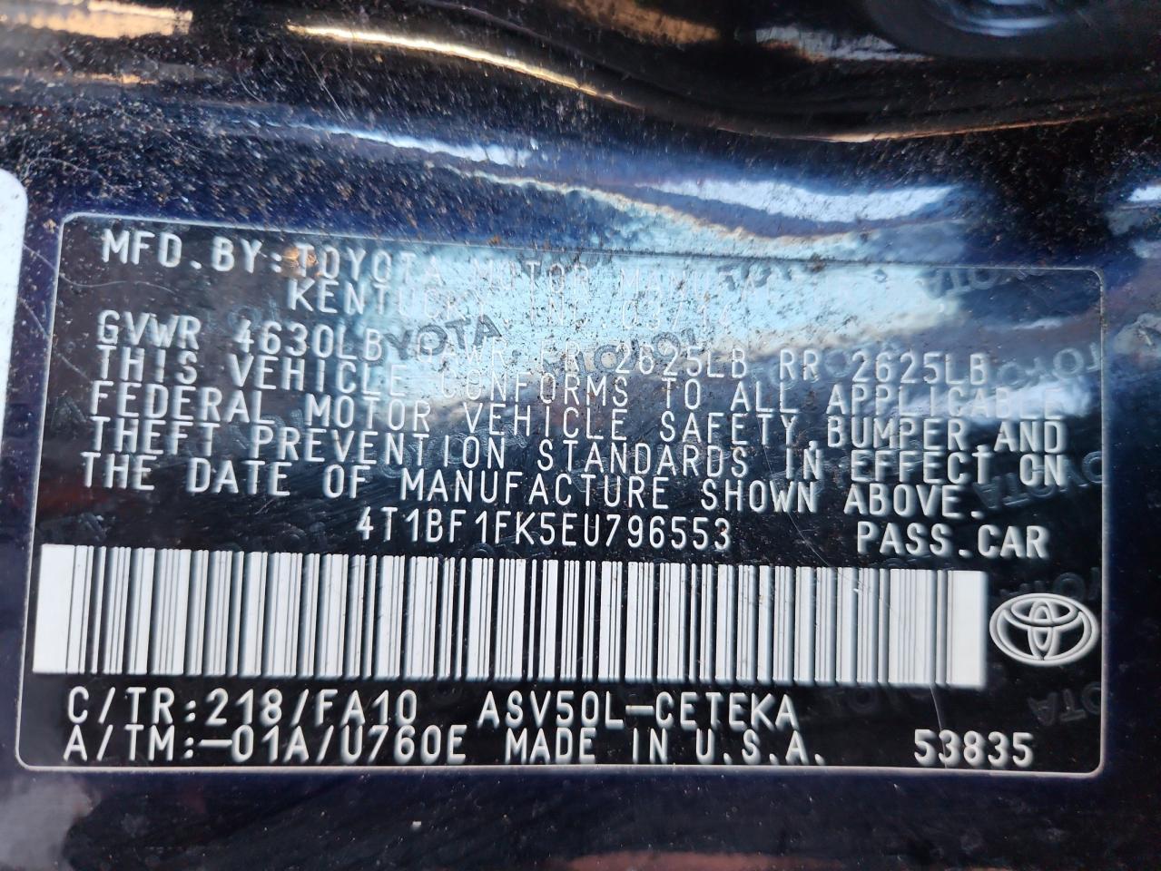 2014 Toyota Camry L VIN: 4T1BF1FK5EU796553 Lot: 92836405