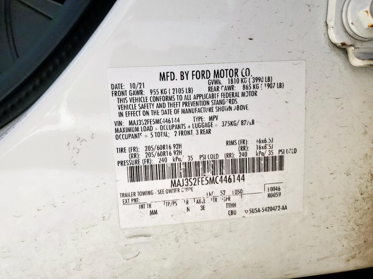 2021 Ford Ecosport S VIN: MAJ3S2FE5MC446144 Lot: 91777395