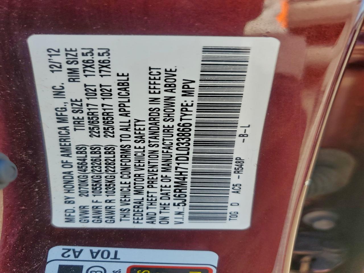 2013 Honda Cr-V Exl VIN: 5J6RM4H71DL033866 Lot: 93735985