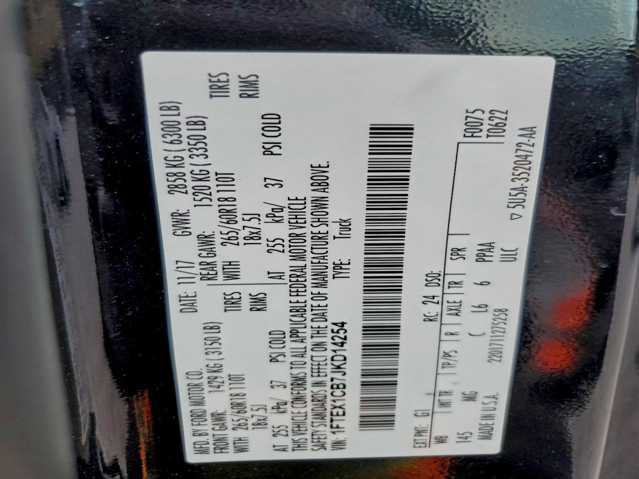 2018 Ford F150 Super Cab VIN: 1FTEX1CB7JKD14254 Lot: 94323315