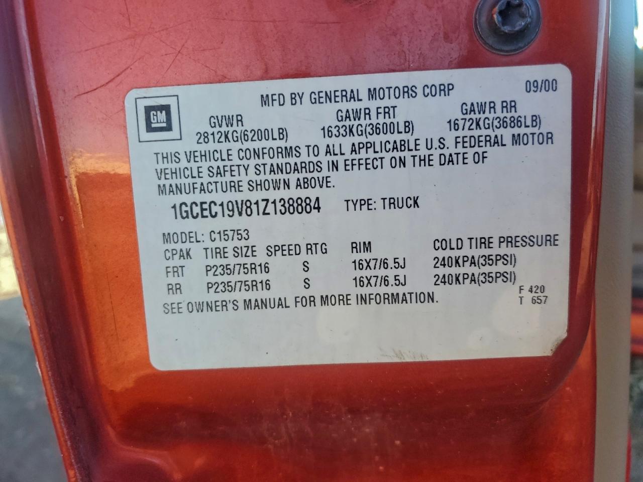 2001 Chevrolet Silverado C1500 VIN: 1GCEC19V81Z138884 Lot: 93888855