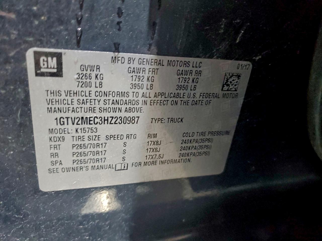 2017 GMC Sierra K1500 Sle VIN: 1GTV2MEC3HZ230987 Lot: 93620875