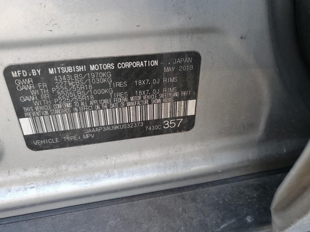 2019 Mitsubishi Outlander Sport Es VIN: JA4AP3AU9KU032373 Lot: 92939685