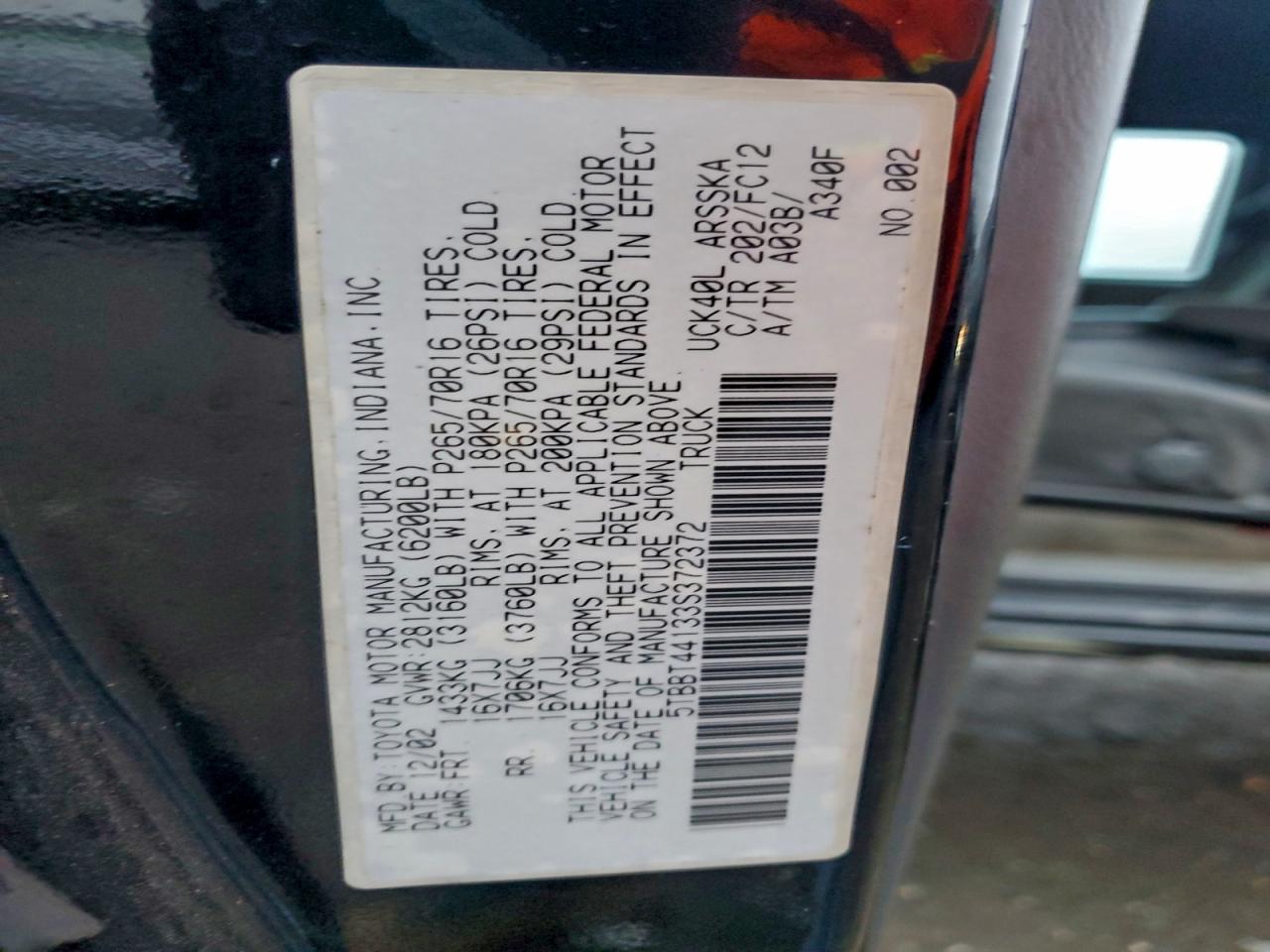 2003 Toyota Tundra Access Cab Sr5 VIN: 5TBBT44133S372372 Lot: 93296755