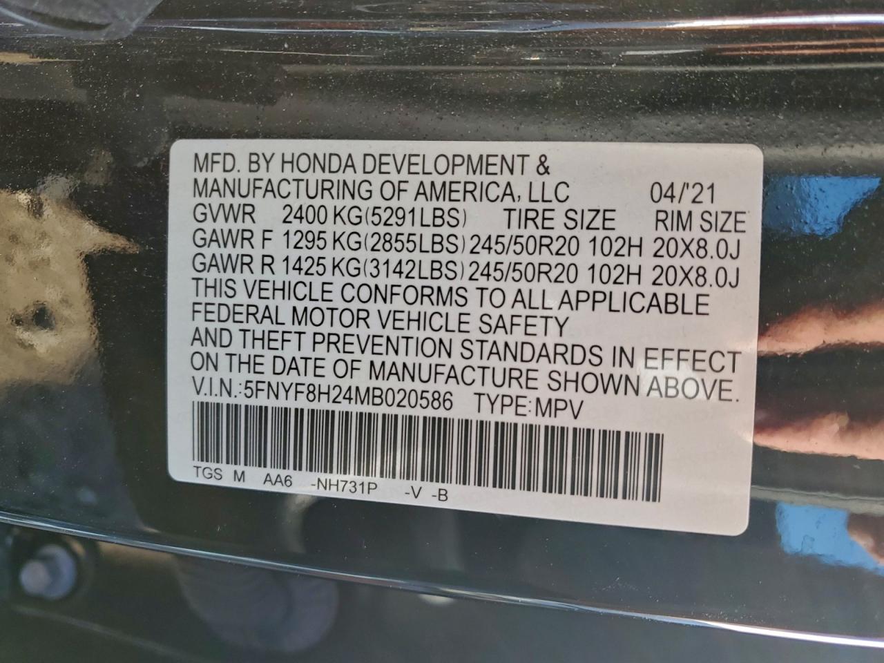 2021 Honda Passport Sport VIN: 5FNYF8H24MB020586 Lot: 93741195