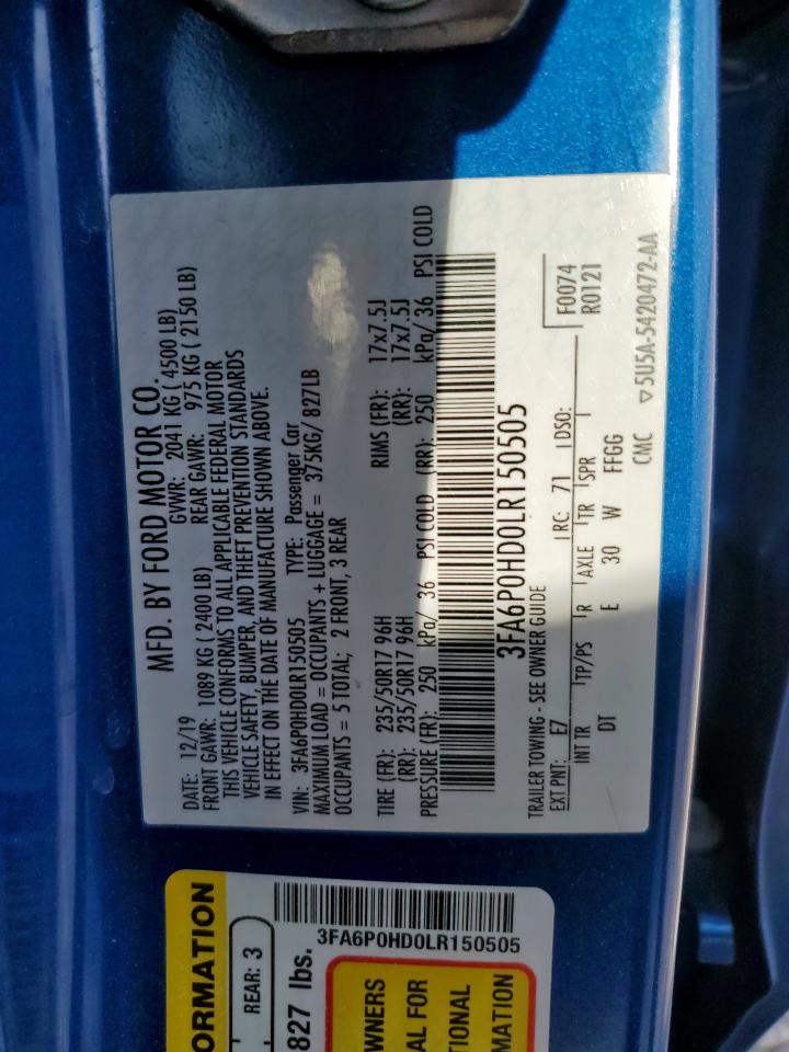 2020 Ford Fusion Se VIN: 3FA6P0HD0LR150505 Lot: 93424865