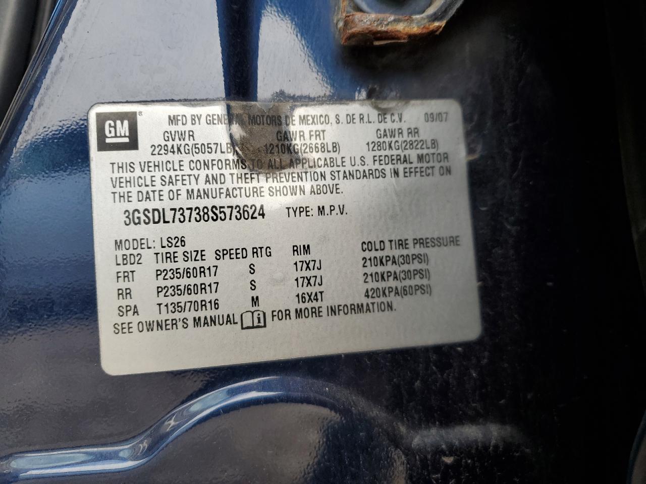 2008 Saturn Vue Xr VIN: 3GSDL73738S573624 Lot: 93159865