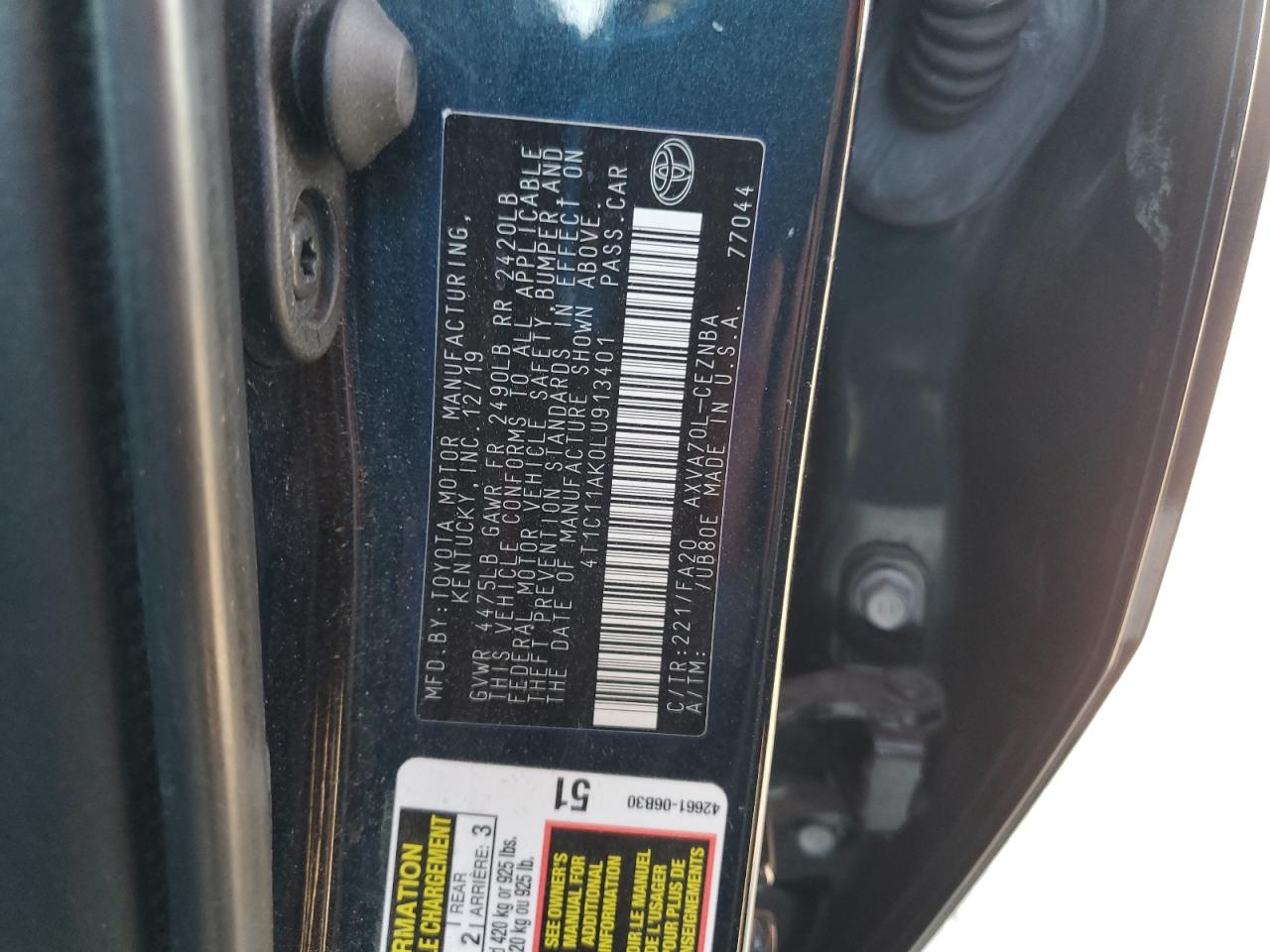 2020 Toyota Camry Le VIN: 4T1C11AK0LU913401 Lot: 93891465