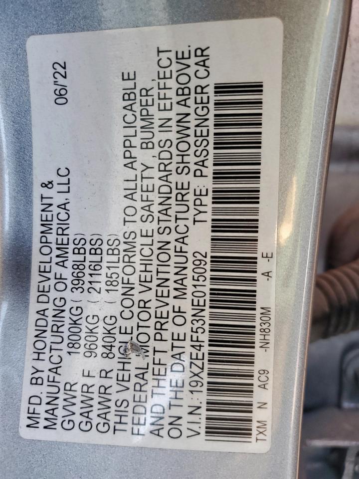 2022 Honda Insight Ex VIN: 19XZE4F53NE015092 Lot: 91814275