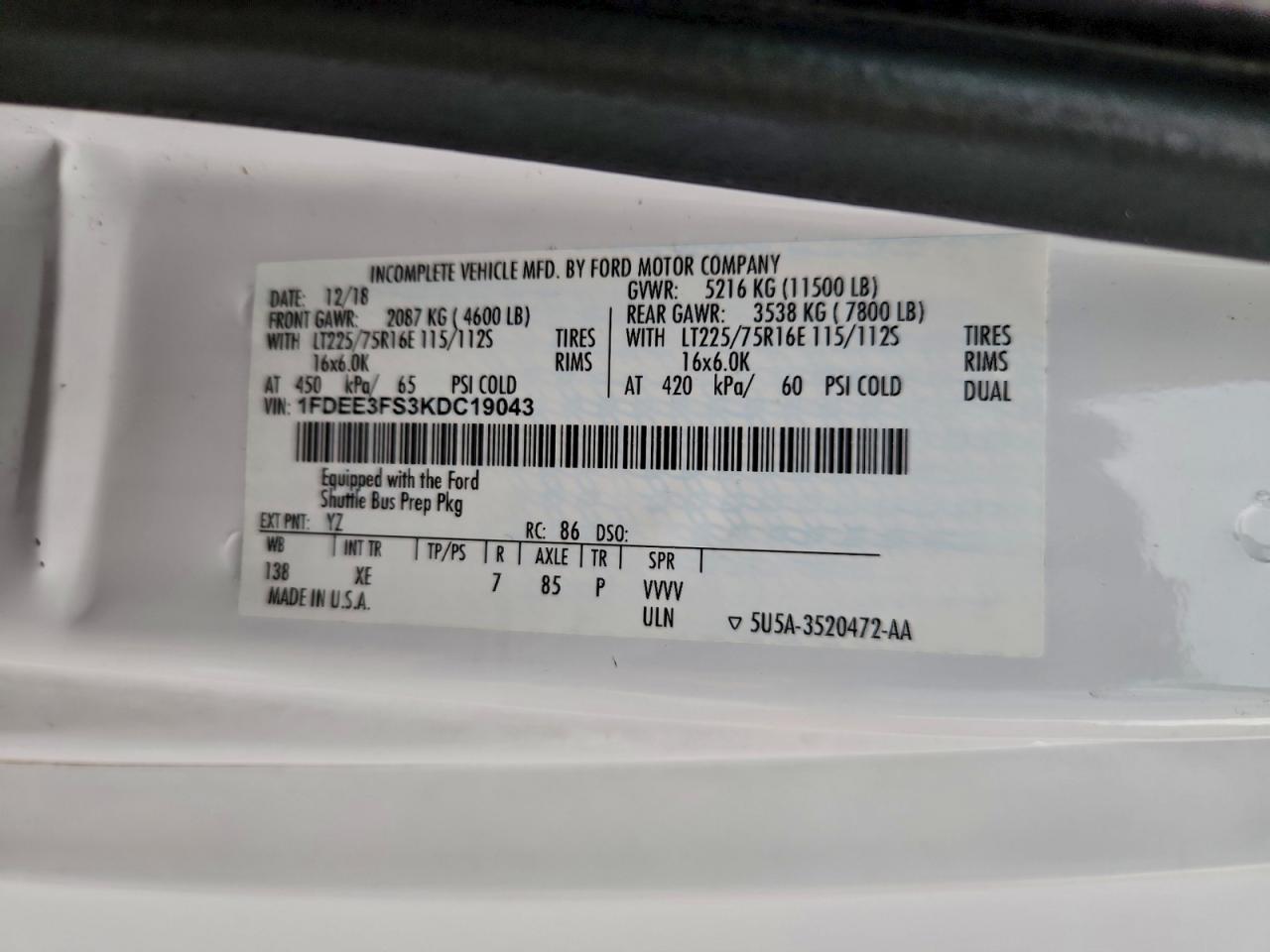 2019 Ford Econoline E350 VIN: 1FDEE3FS3KDC19043 Lot: 93543005