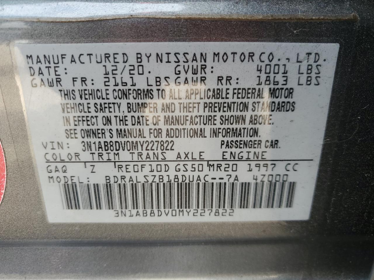 2021 Nissan Sentra Sr VIN: 3N1AB8DV0MY227822 Lot: 91019565