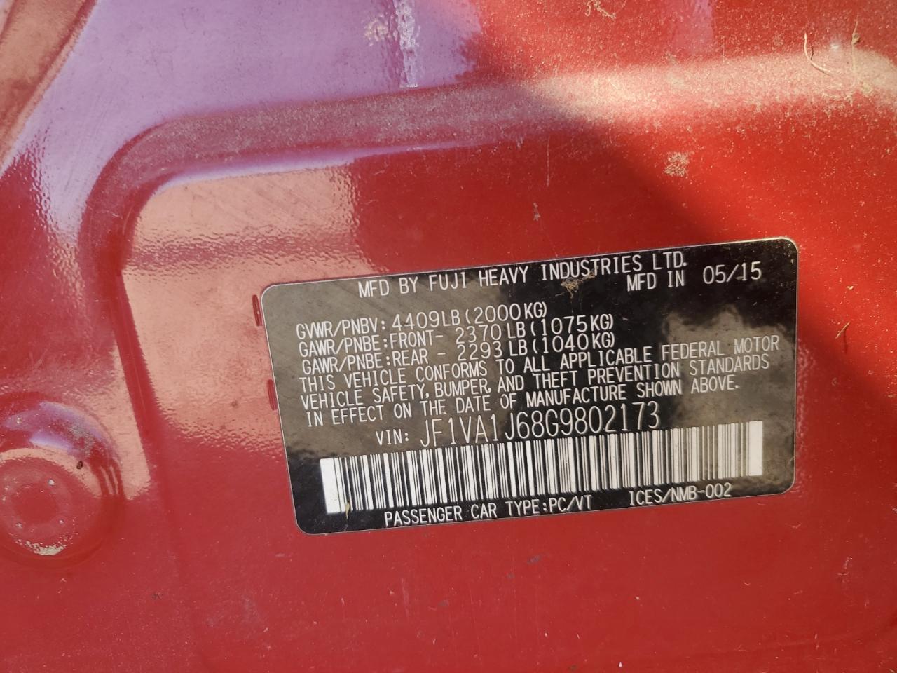 2016 Subaru Wrx Limited VIN: JF1VA1J68G9802173 Lot: 92852715