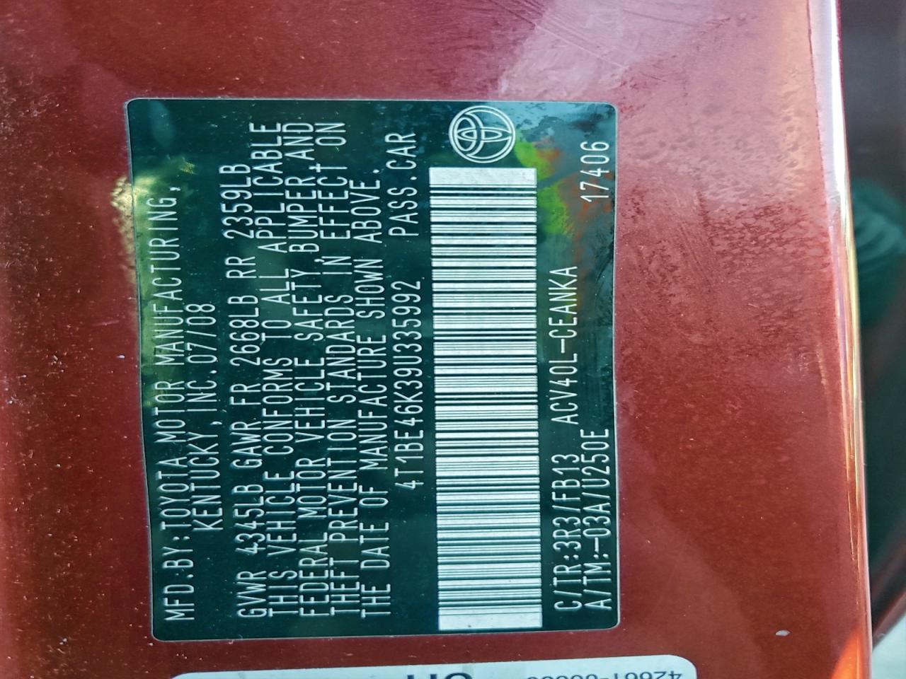 2009 Toyota Camry Base VIN: 4T1BE46K39U335992 Lot: 94055455