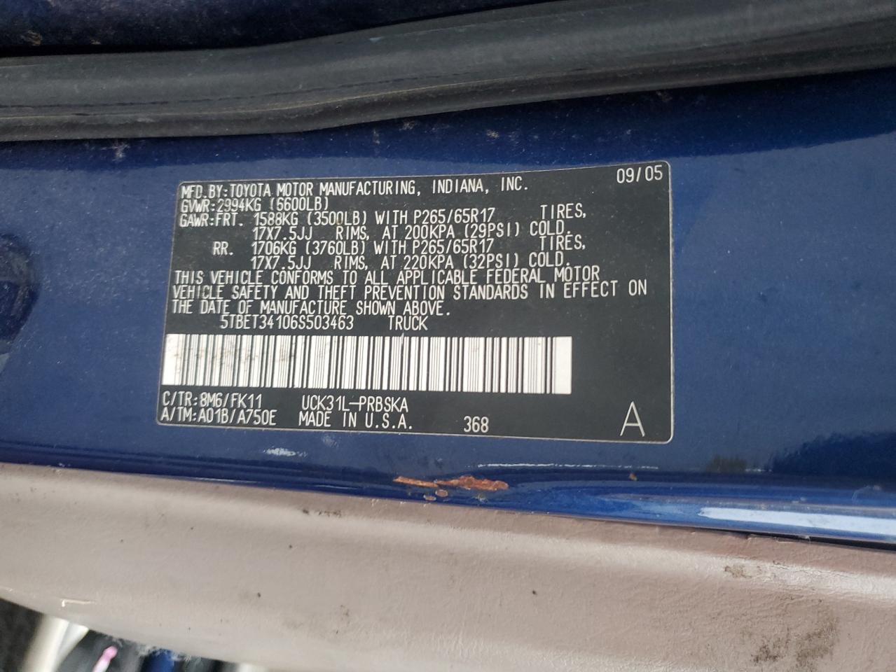 2006 Toyota Tundra Double Cab Sr5 VIN: 5TBET34106S503463 Lot: 93295875