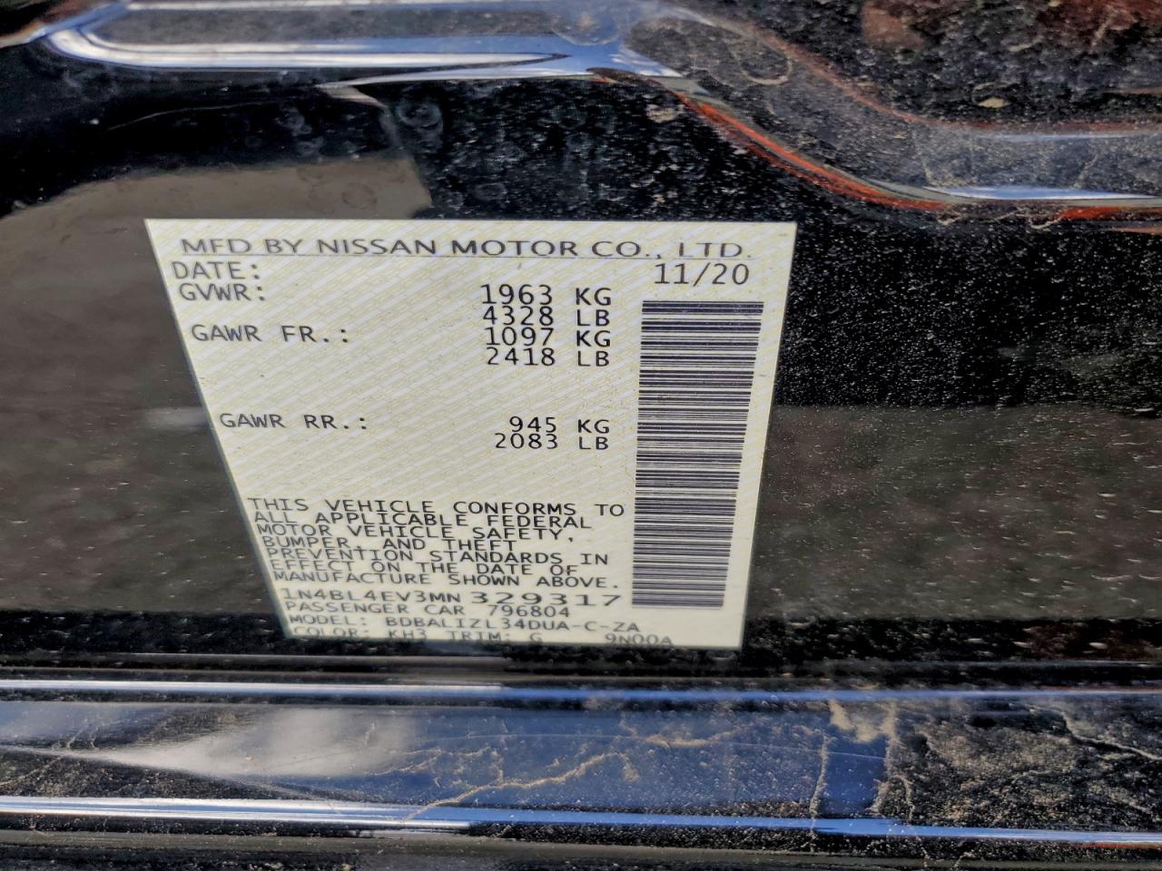 2021 Nissan Altima Sl VIN: 1N4BL4EV3MN329317 Lot: 94191965