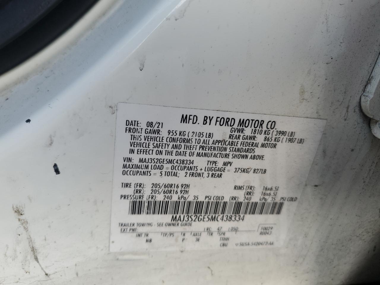 2021 Ford Ecosport Se VIN: MAJ3S2GE5MC438334 Lot: 92712255