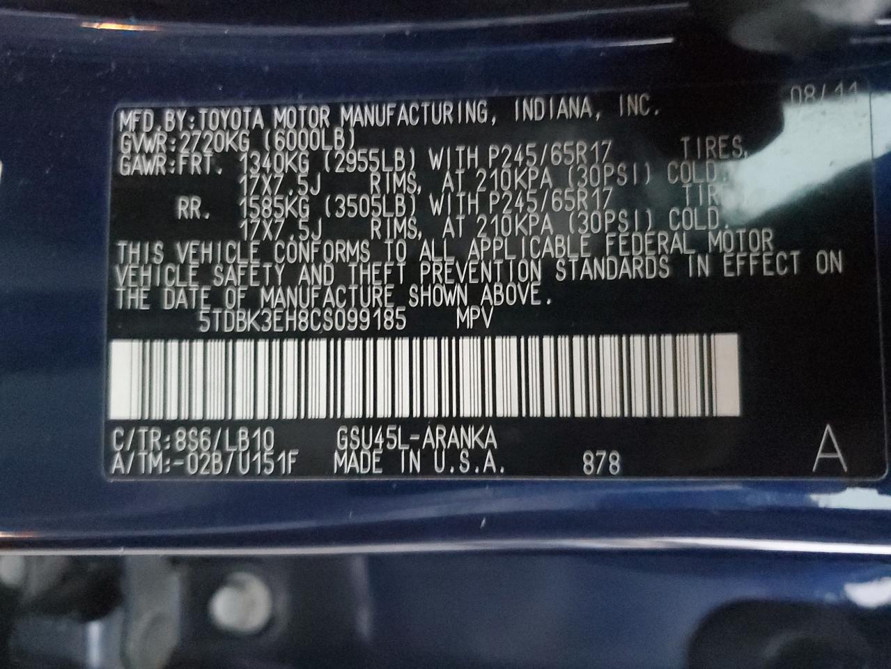 2012 Toyota Highlander Base VIN: 5TDBK3EH8CS099185 Lot: 93347595