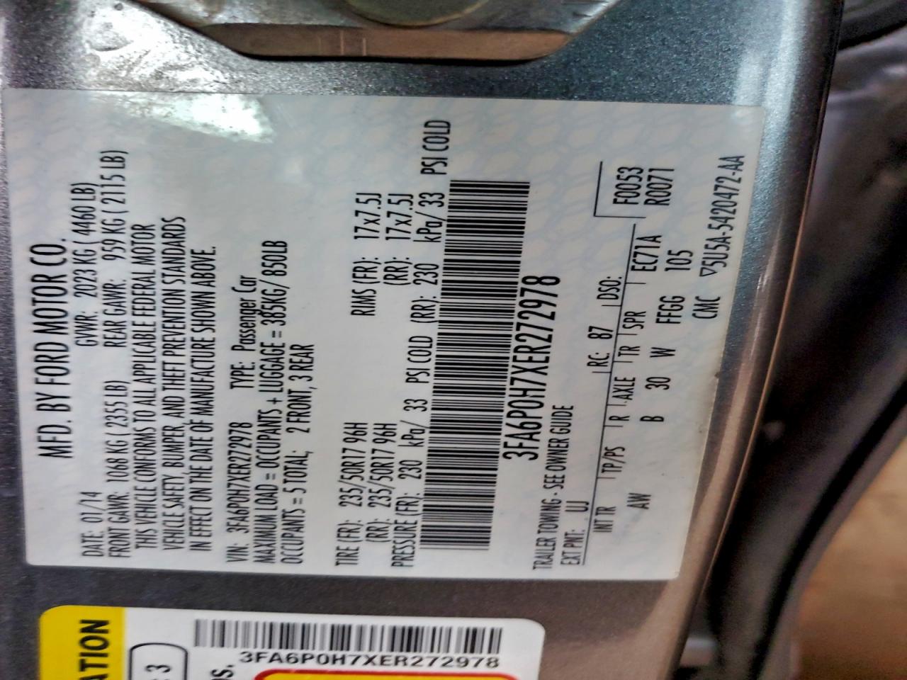 2014 Ford Fusion Se VIN: 3FA6P0H7XER272978 Lot: 93962635