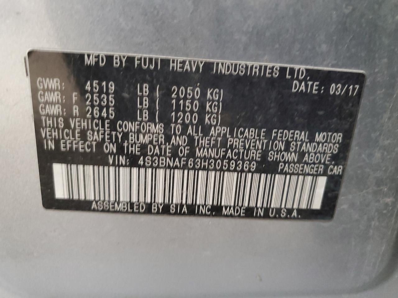 2017 Subaru Legacy 2.5I Premium VIN: 4S3BNAF63H3059369 Lot: 92236465