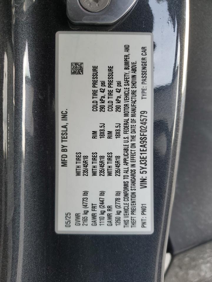 2025 Tesla Model 3 VIN: 5YJ3E1EA9SF024579 Lot: 91490145