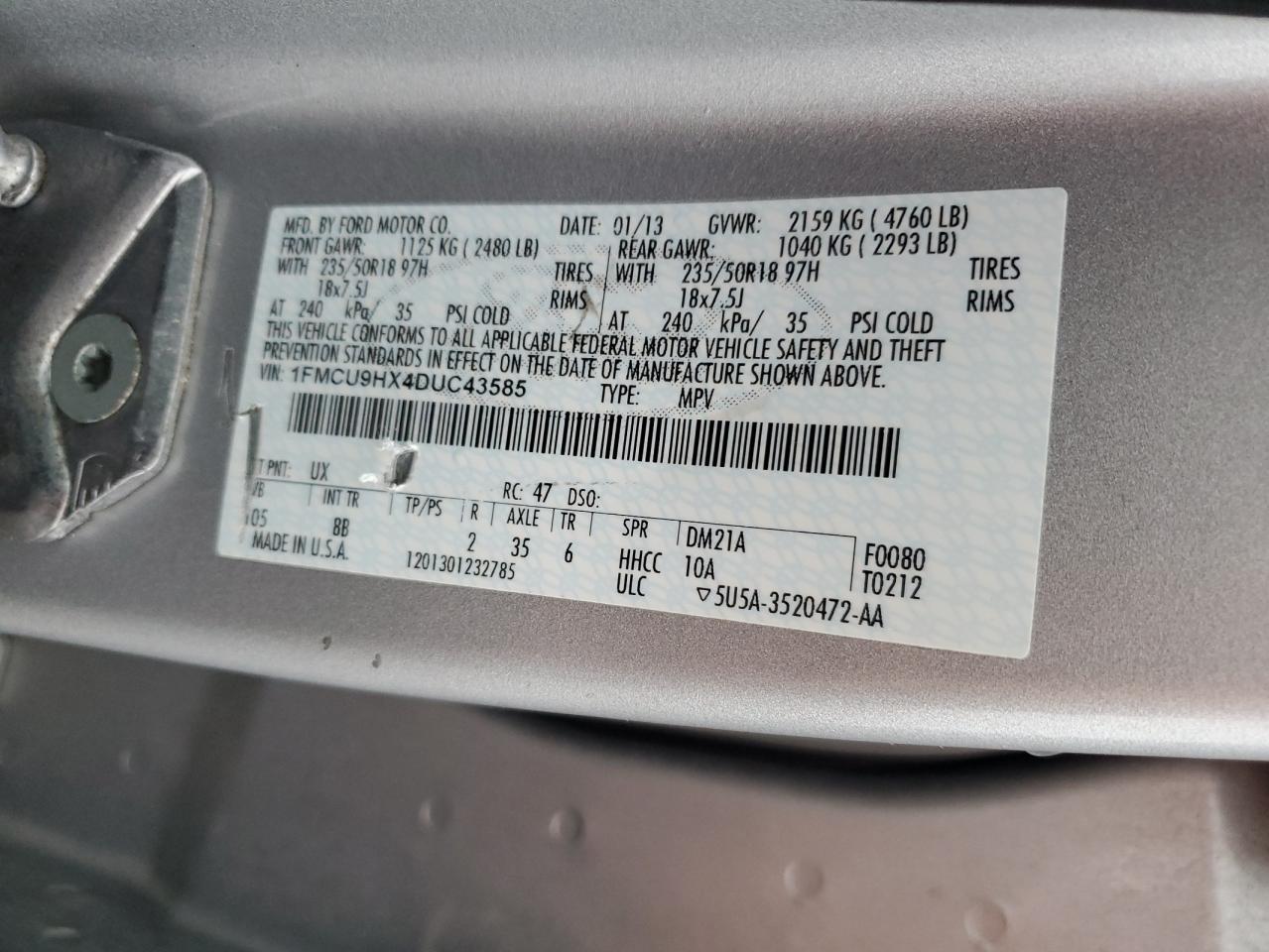 2013 Ford Escape Sel VIN: 1FMCU9HX4DUC43585 Lot: 92980425