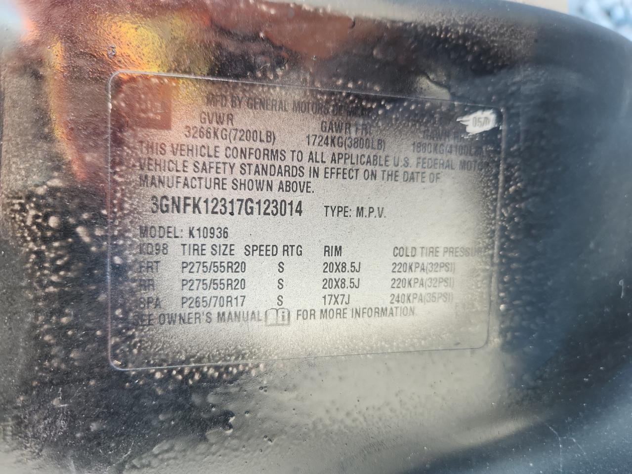 2007 Chevrolet Avalanche K1500 VIN: 3GNFK12317G123014 Lot: 93551045