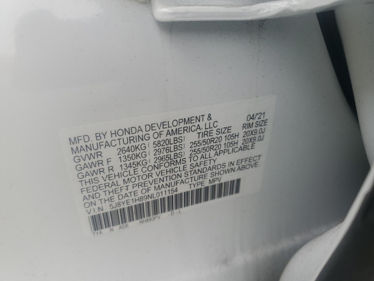 2022 Acura Mdx Advance VIN: 5J8YE1H89NL011154 Lot: 91627765