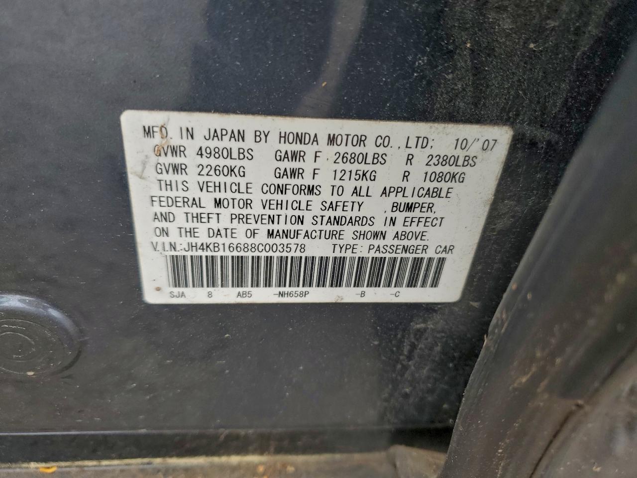 2008 Acura Rl VIN: JH4KB16688C003578 Lot: 94529815