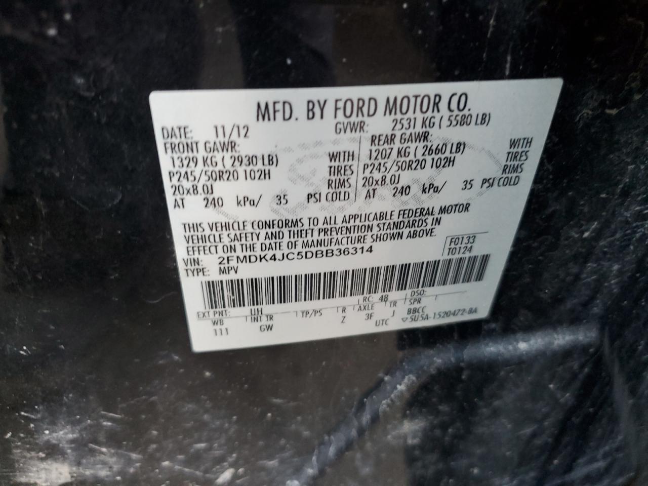 2013 Ford Edge Sel VIN: 2FMDK4JC5DBB36314 Lot: 91339575