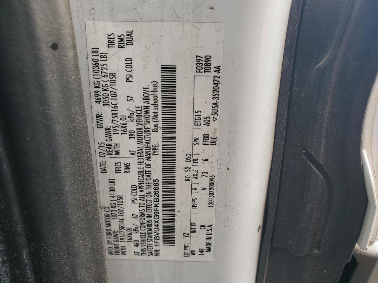 2015 Ford Transit T-350 Hd VIN: 1FBVU4XG9FKB26685 Lot: 90754335